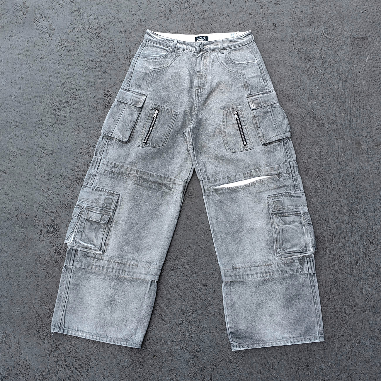 Wide Leg Cargo Jeans - Smoke Gray Acid Wash Multi Pocket Zipper Slash Distressed Y2K Streetwear