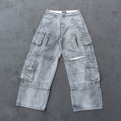 Wide Leg Cargo Jeans - Smoke Gray Acid Wash Multi Pocket Zipper Slash Distressed Y2K Streetwear