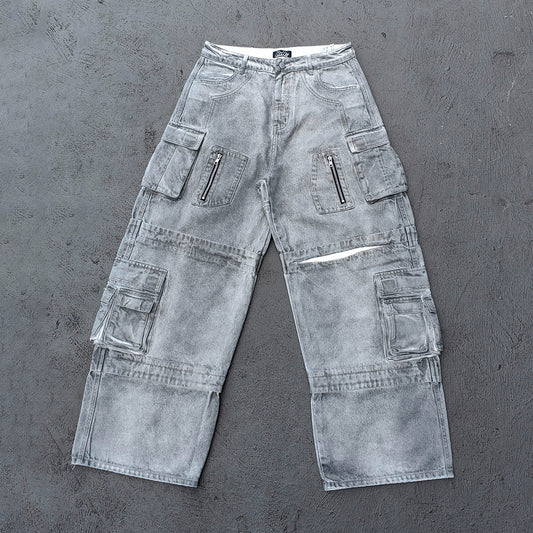Wide Leg Cargo Jeans - Smoke Gray Acid Wash Multi Pocket Zipper Slash Distressed Y2K Streetwear