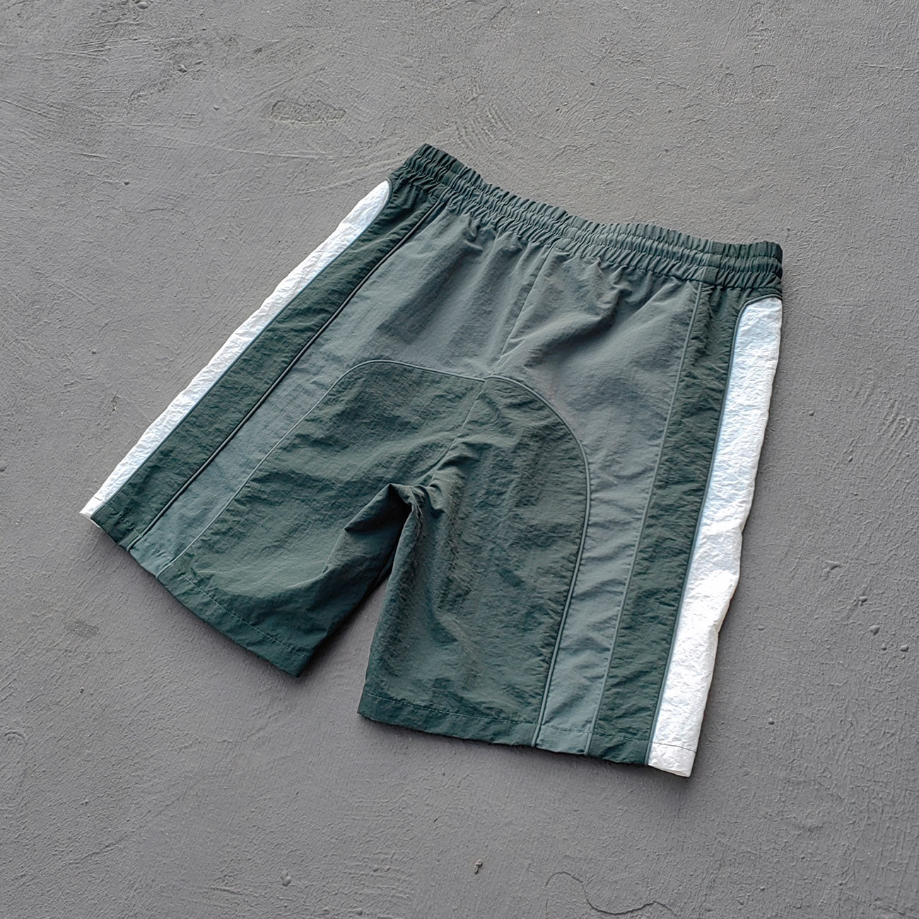 Color Block Track Shorts - Dark Green Reflective Panel Y2K Nylon Streetwear
