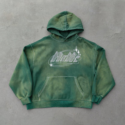 Gradient Wash Hoodie Shorts Set - Olive Green HDK Star Logo Rhinestone Y2K Streetwear