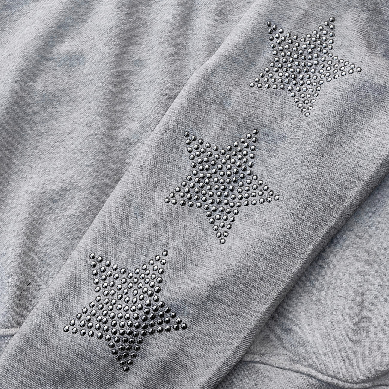 Star Rhinestone Zip Up Hoodie - Light Gray Studded Ripped Distressed Y2K Streetwear