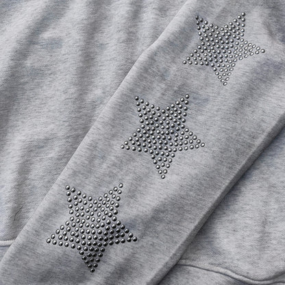 Star Rhinestone Zip Up Hoodie - Light Gray Studded Ripped Distressed Y2K Streetwear