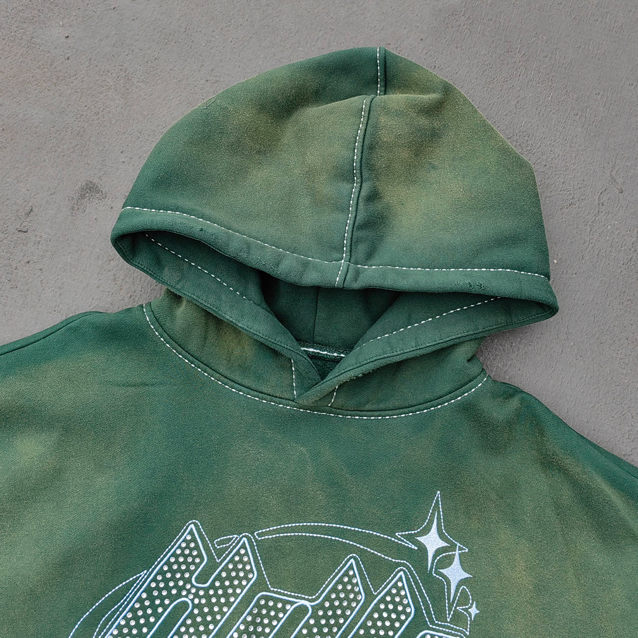 Gradient Wash Hoodie Shorts Set - Olive Green HDK Star Logo Rhinestone Y2K Streetwear