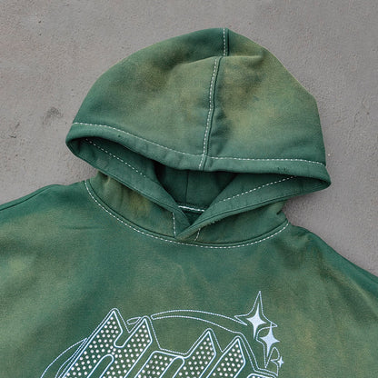 Gradient Wash Hoodie Shorts Set - Olive Green HDK Star Logo Rhinestone Y2K Streetwear