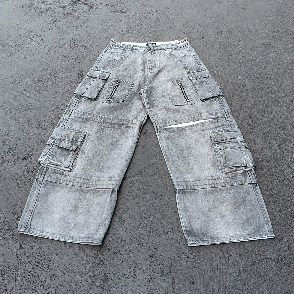 Wide Leg Cargo Jeans - Smoke Gray Acid Wash Multi Pocket Zipper Slash Distressed Y2K Streetwear