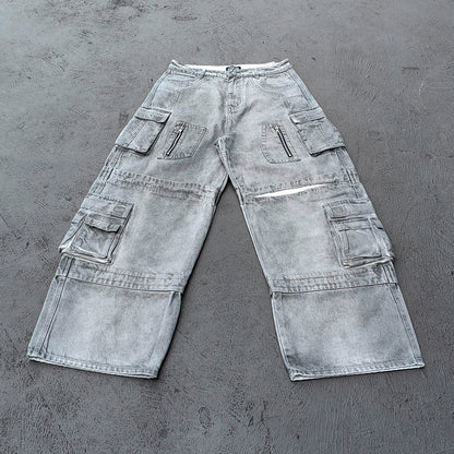 Wide Leg Cargo Jeans - Smoke Gray Acid Wash Multi Pocket Zipper Slash Distressed Y2K Streetwear