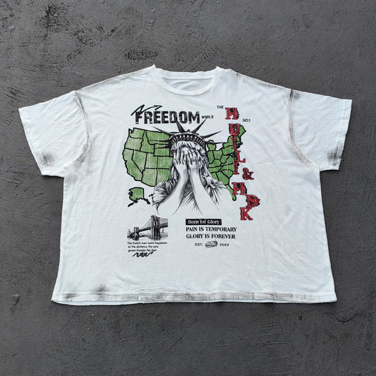 FREEDOM Graphic Tee - White Dirty Wash Statue of Liberty USA Map Collage Inside Out Exposed Stitch Y2K Streetwear
