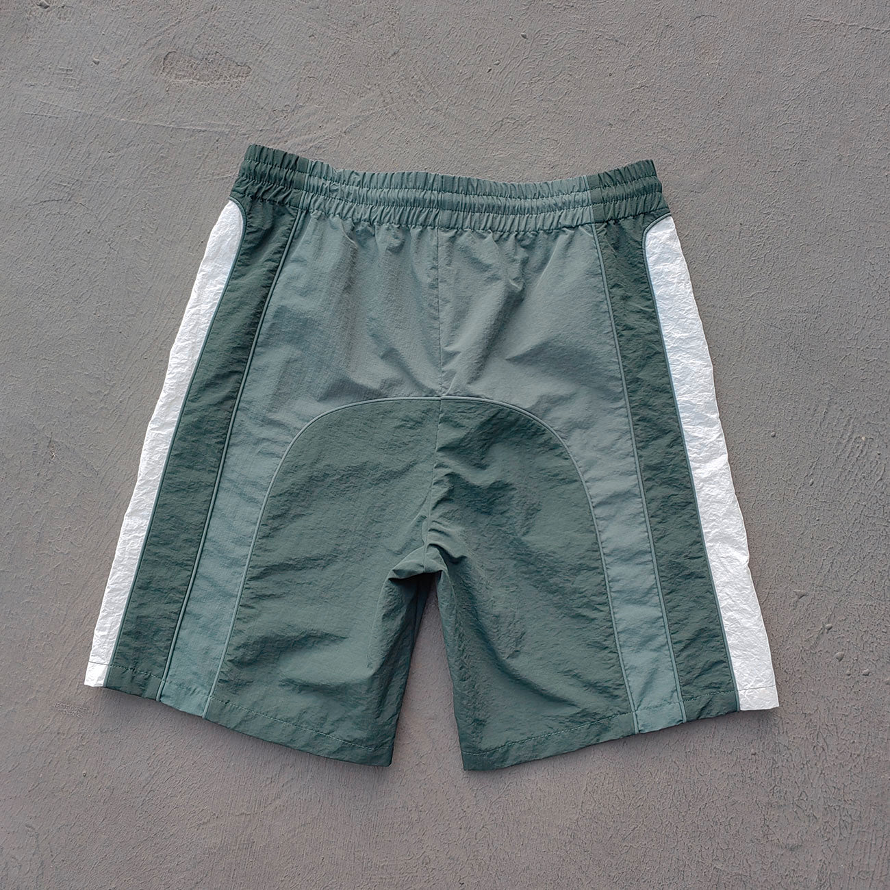 Color Block Track Shorts - Dark Green Reflective Panel Y2K Nylon Streetwear