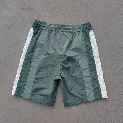 Color Block Track Shorts - Dark Green Reflective Panel Y2K Nylon Streetwear