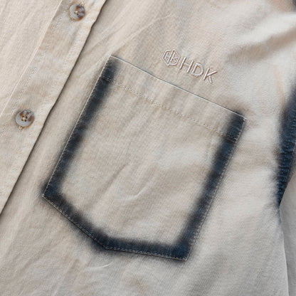 Distressed Trim Button Up Shirt - Khaki Spray Dye Y2K Oversized Streetwear