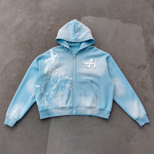 Chain Cross Print Zip Up Hoodie - Light Blue Rhinestone Studded Distressed Y2K Streetwear