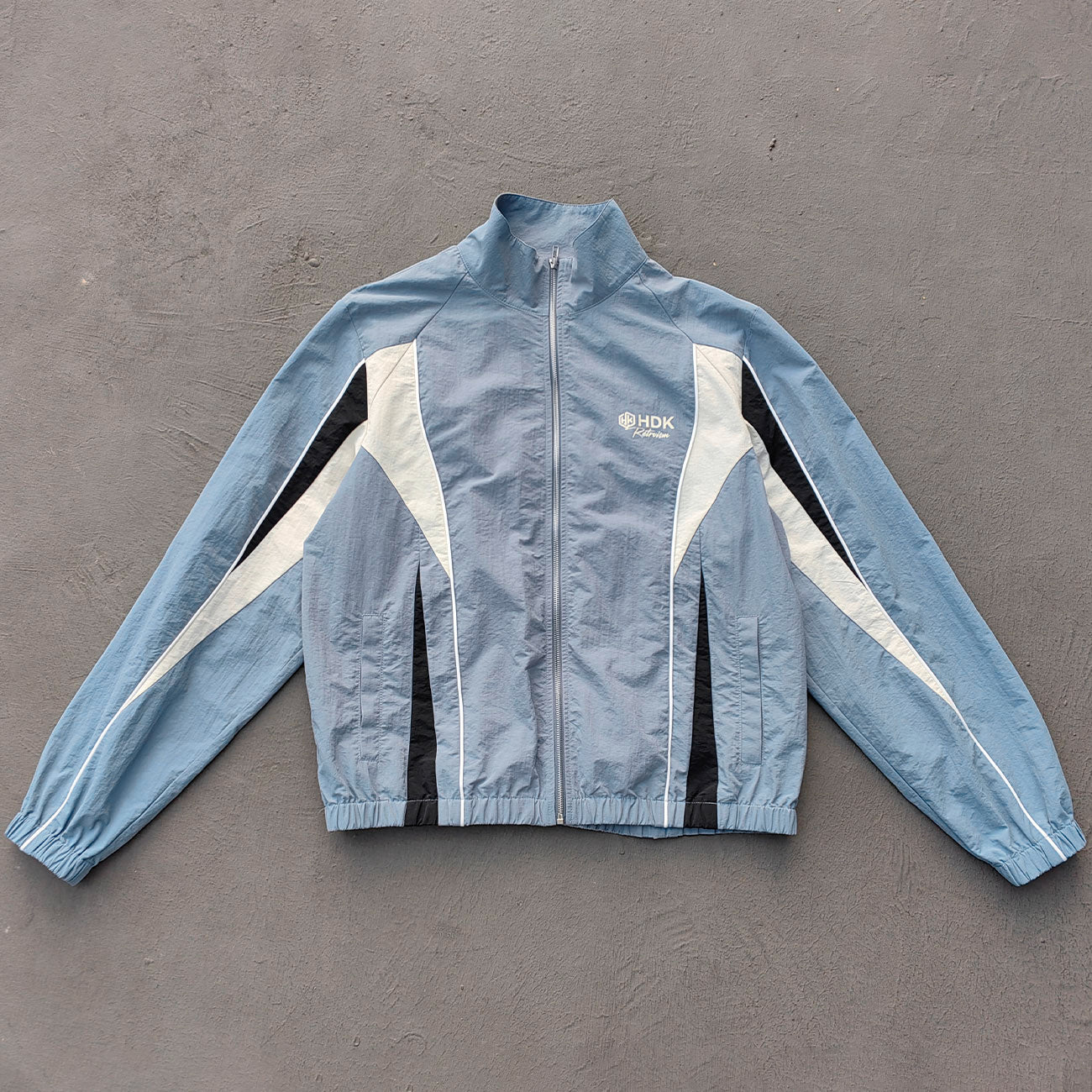 Gray Blue Color Block Tracksuit - Y2K Piping Windbreaker Jacket and Shorts Set