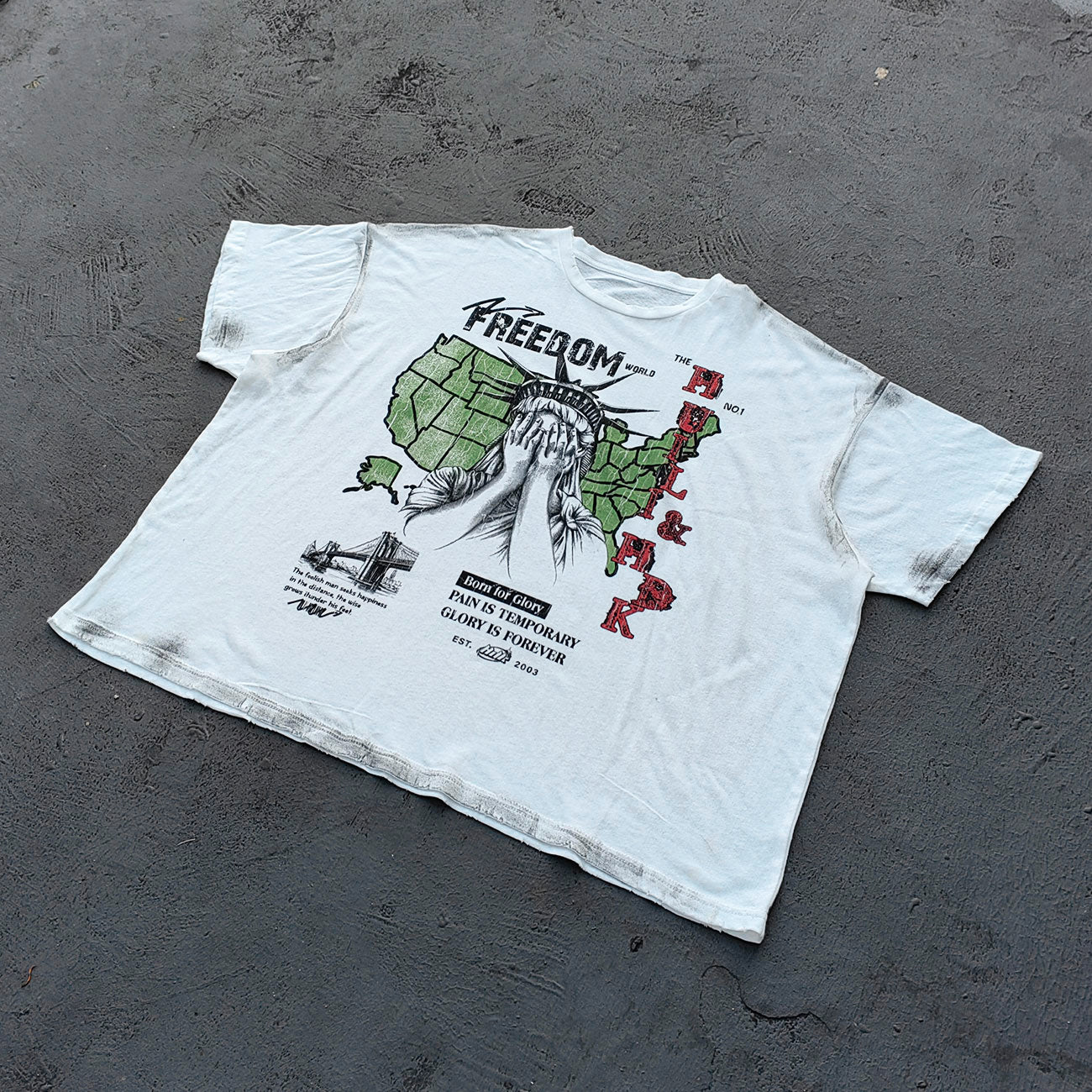 FREEDOM Graphic Tee - White Dirty Wash Statue of Liberty USA Map Collage Inside Out Exposed Stitch Y2K Streetwear