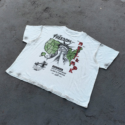 FREEDOM Graphic Tee - White Dirty Wash Statue of Liberty USA Map Collage Inside Out Exposed Stitch Y2K Streetwear