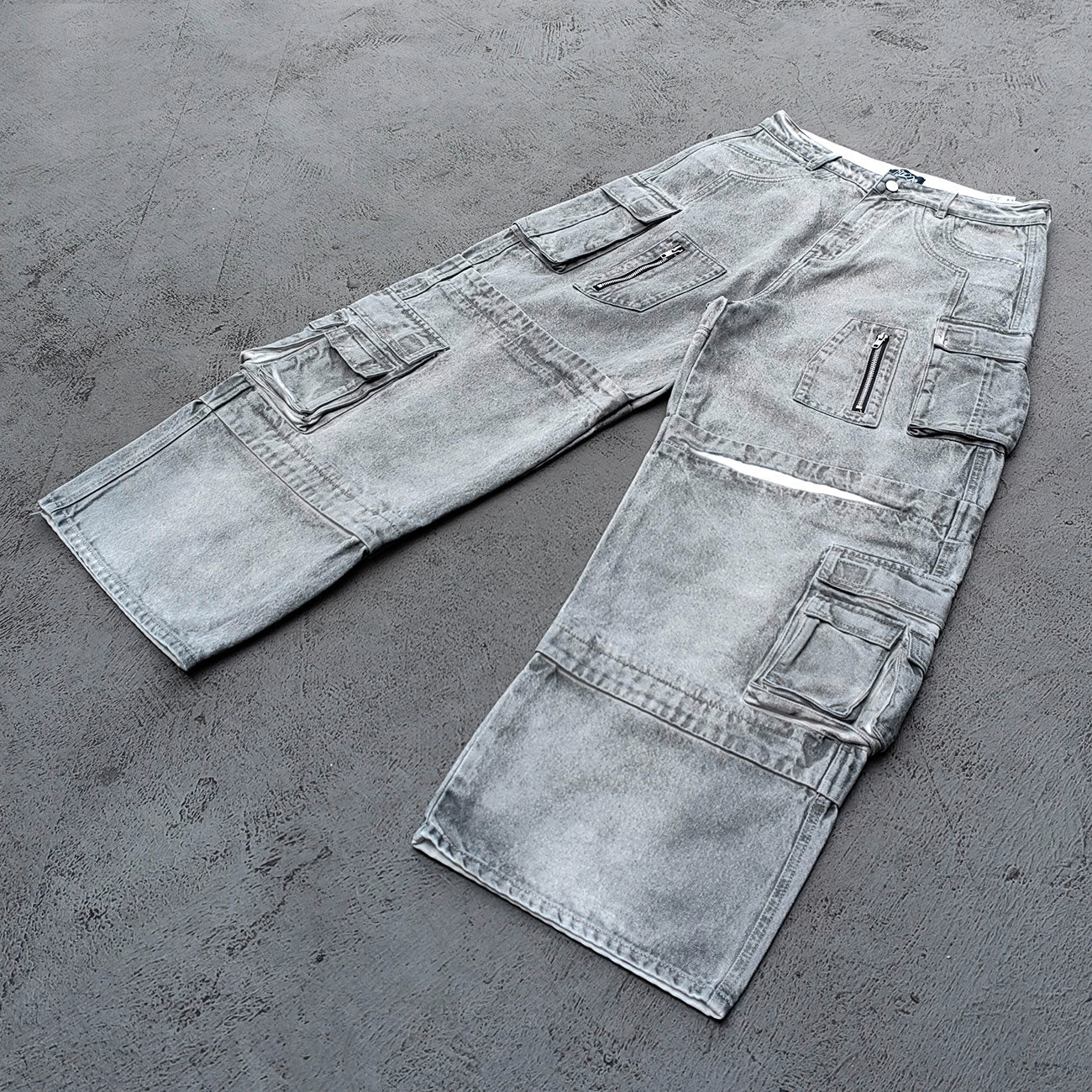 Wide Leg Cargo Jeans - Smoke Gray Acid Wash Multi Pocket Zipper Slash Distressed Y2K Streetwear
