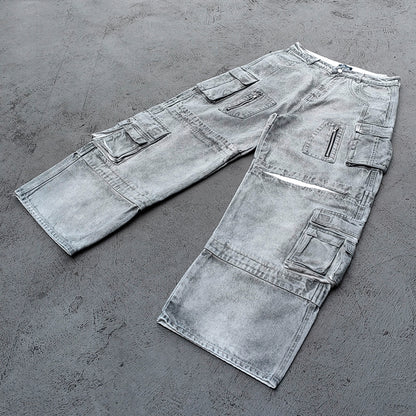 Wide Leg Cargo Jeans - Smoke Gray Acid Wash Multi Pocket Zipper Slash Distressed Y2K Streetwear