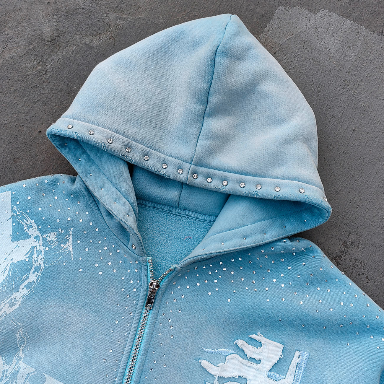 Chain Cross Print Zip Up Hoodie - Light Blue Rhinestone Studded Distressed Y2K Streetwear