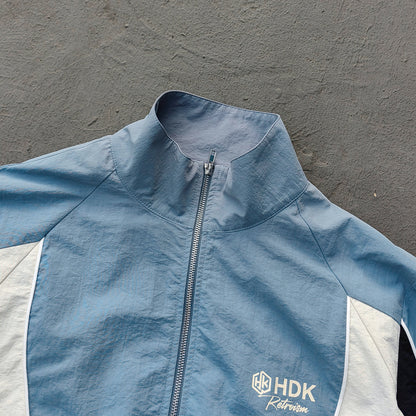 Gray Blue Color Block Tracksuit - Y2K Piping Windbreaker Jacket and Shorts Set