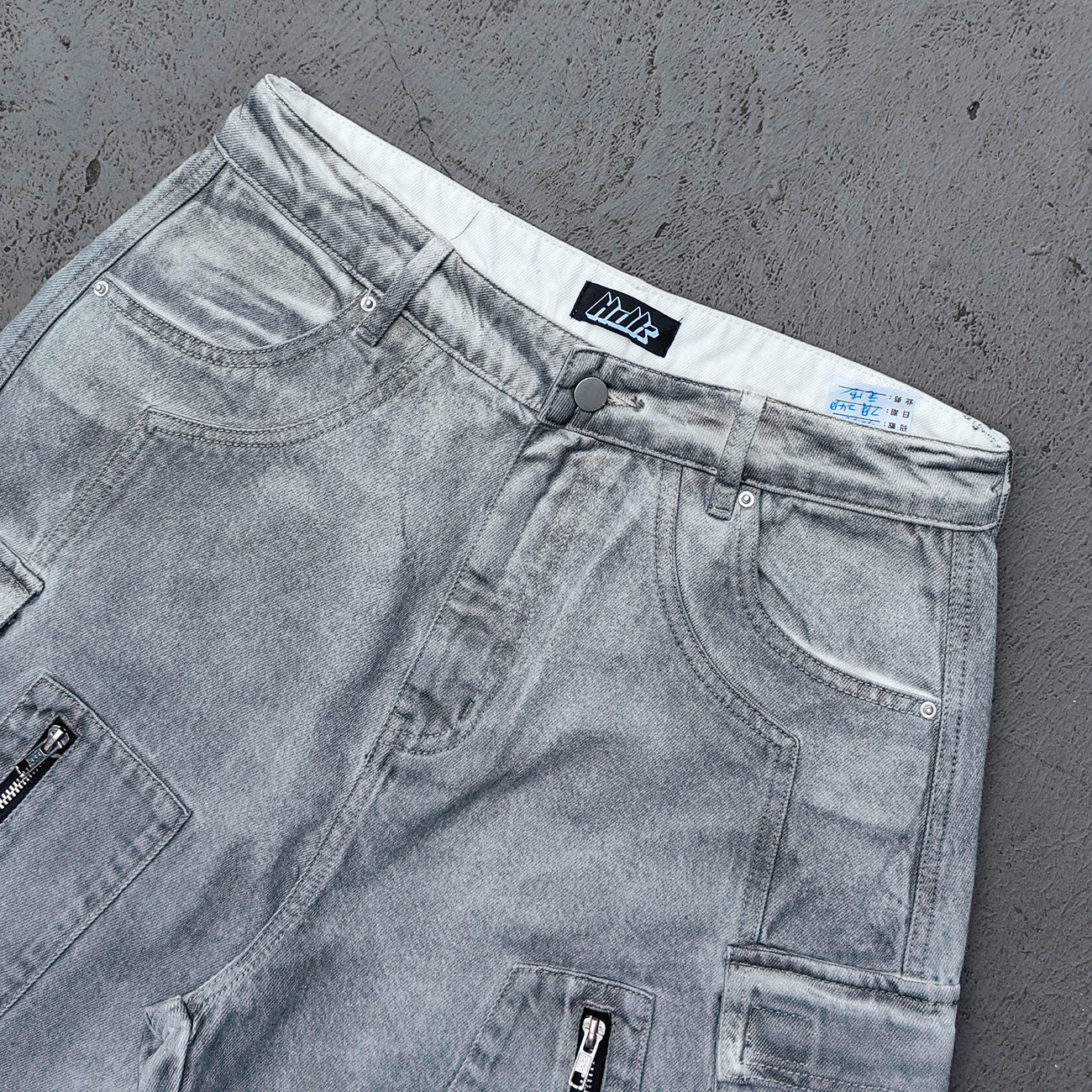 Wide Leg Cargo Jeans - Smoke Gray Acid Wash Multi Pocket Zipper Slash Distressed Y2K Streetwear