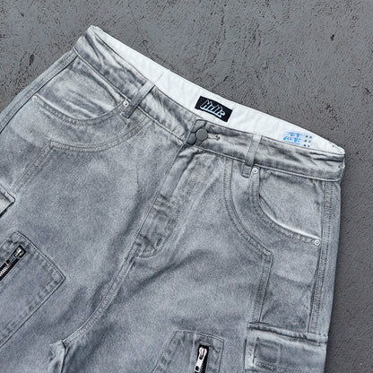 Wide Leg Cargo Jeans - Smoke Gray Acid Wash Multi Pocket Zipper Slash Distressed Y2K Streetwear