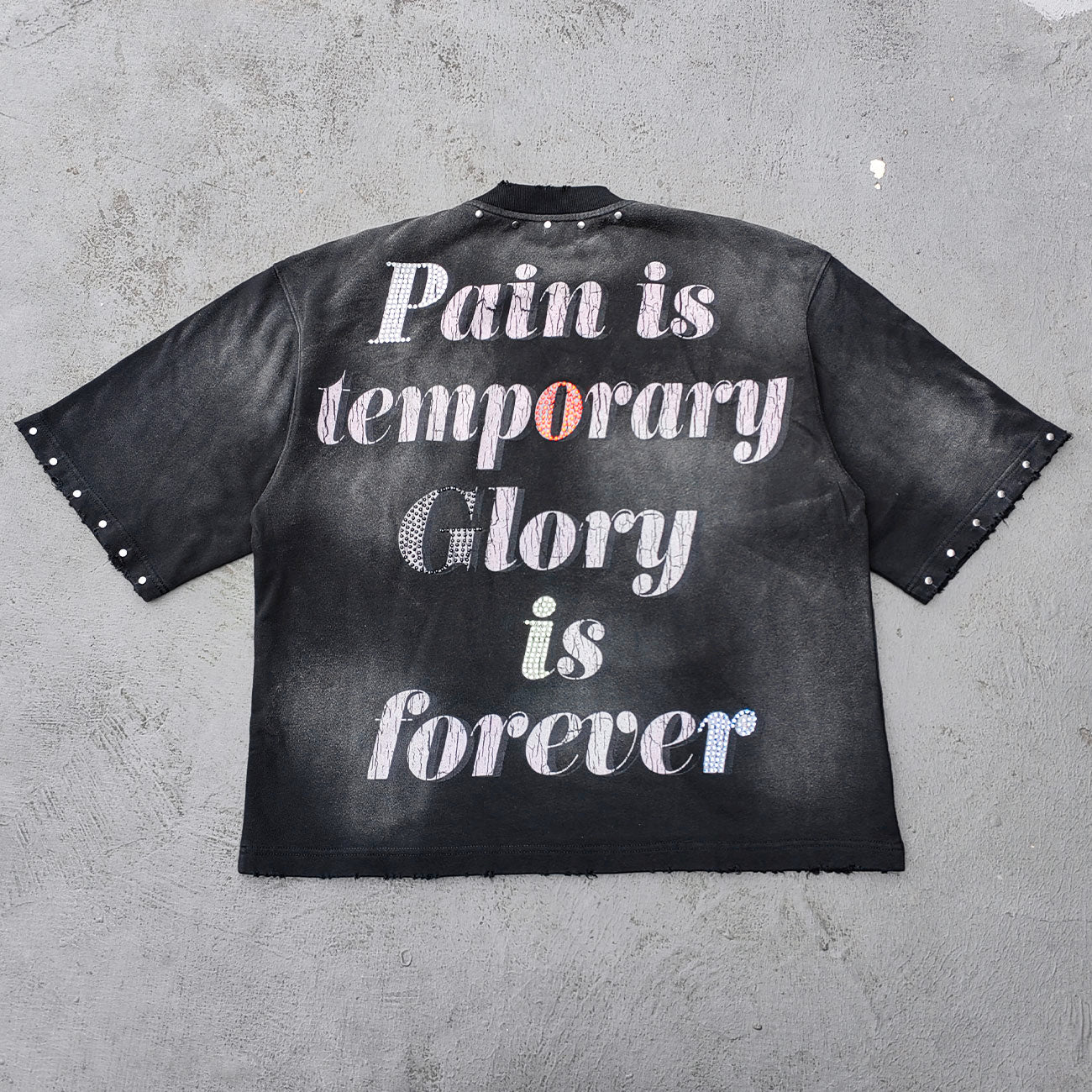 Glory Rhinestone Graphic Tee - Black Acid Wash Skull Print Studded Ripped Y2K Streetwear