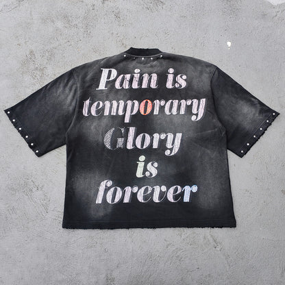 Glory Rhinestone Graphic Tee - Black Acid Wash Skull Print Studded Ripped Y2K Streetwear