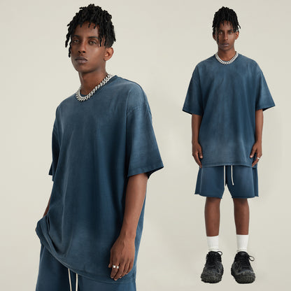 100% cotton round neck acid wash short-sleeved American street oversized gradient T-shirt