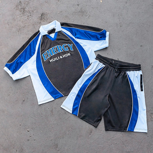 ENERGY Football Jersey Set - Black Blue White Color Block V Neck HUILI HDK Shirt Shorts Y2K Streetwear