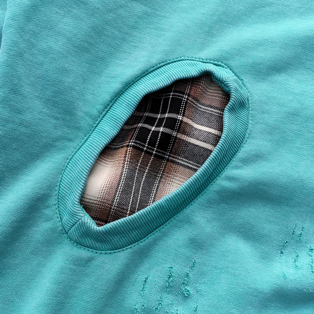Heavily Distressed Zip Up Hoodie - Mint Studded Ripped Plaid Lining Y2K
