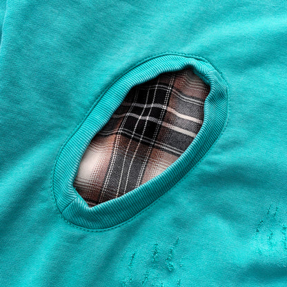 Heavily Distressed Zip Up Hoodie - Mint Studded Ripped Plaid Lining Y2K