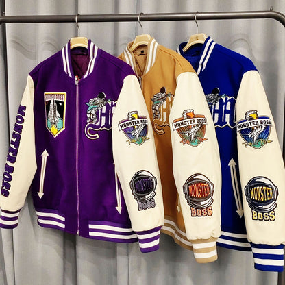 Huili Fabrik Großhandel benutzerdefinierte Logo Chenille Stickerei Letterman College Jacke mit Lederärmeln 