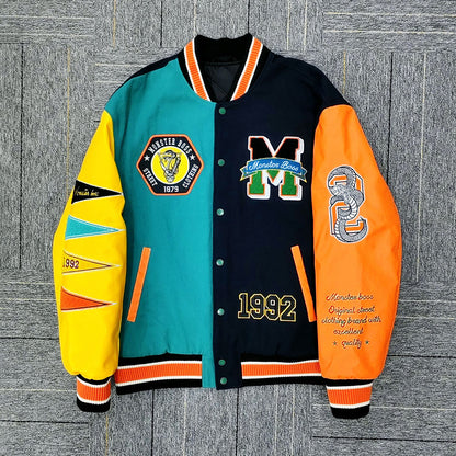 factory wholesale custom logo chenille embroidery letterman varsity jacket with leather sleeves