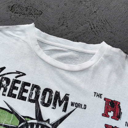 FREEDOM Graphic Tee - White Dirty Wash Statue of Liberty USA Map Collage Inside Out Exposed Stitch Y2K Streetwear