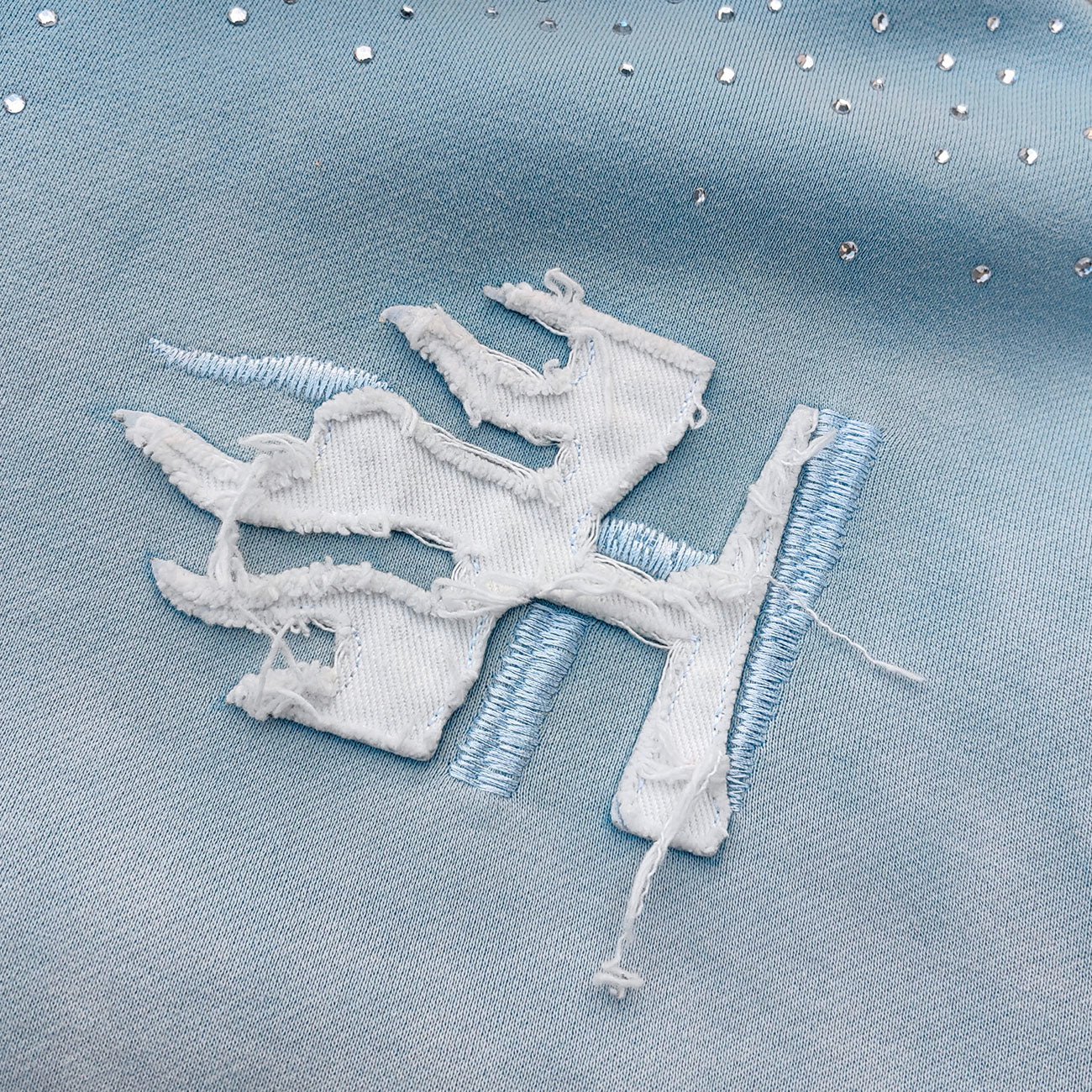 Chain Cross Print Zip Up Hoodie - Light Blue Rhinestone Studded Distressed Y2K Streetwear