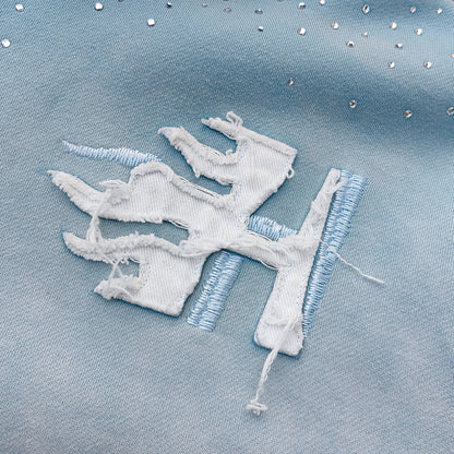 Chain Cross Print Zip Up Hoodie - Light Blue Rhinestone Studded Distressed Y2K Streetwear