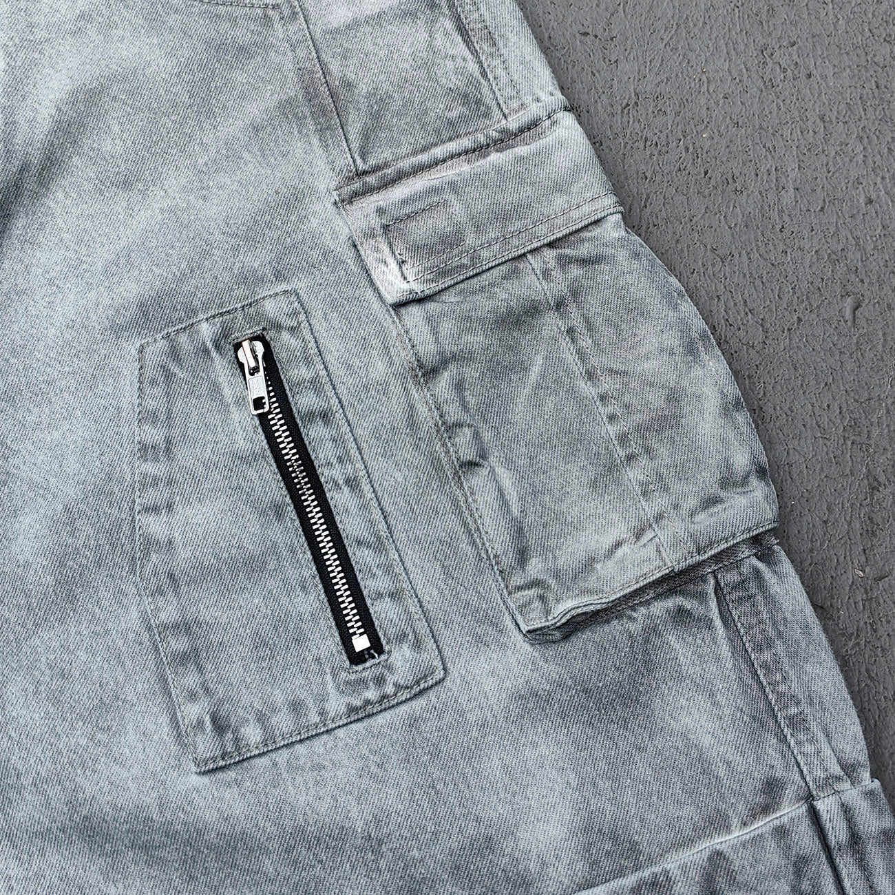 Wide Leg Cargo Jeans - Smoke Gray Acid Wash Multi Pocket Zipper Slash Distressed Y2K Streetwear