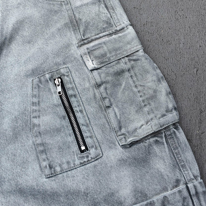 Wide Leg Cargo Jeans - Smoke Gray Acid Wash Multi Pocket Zipper Slash Distressed Y2K Streetwear