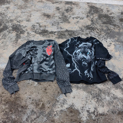 White Tiger Print Hoodie - Lightning Distressed Fake Two-Piece Streetwear