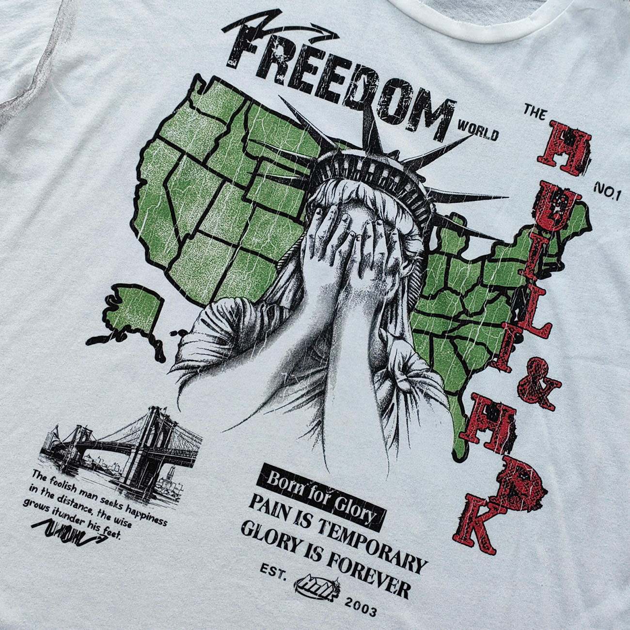 FREEDOM Graphic Tee - White Dirty Wash Statue of Liberty USA Map Collage Inside Out Exposed Stitch Y2K Streetwear