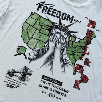 FREEDOM Graphic Tee - White Dirty Wash Statue of Liberty USA Map Collage Inside Out Exposed Stitch Y2K Streetwear
