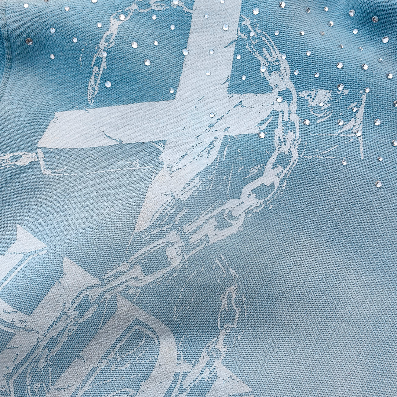 Chain Cross Print Zip Up Hoodie - Light Blue Rhinestone Studded Distressed Y2K Streetwear