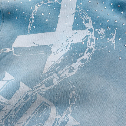 Chain Cross Print Zip Up Hoodie - Light Blue Rhinestone Studded Distressed Y2K Streetwear