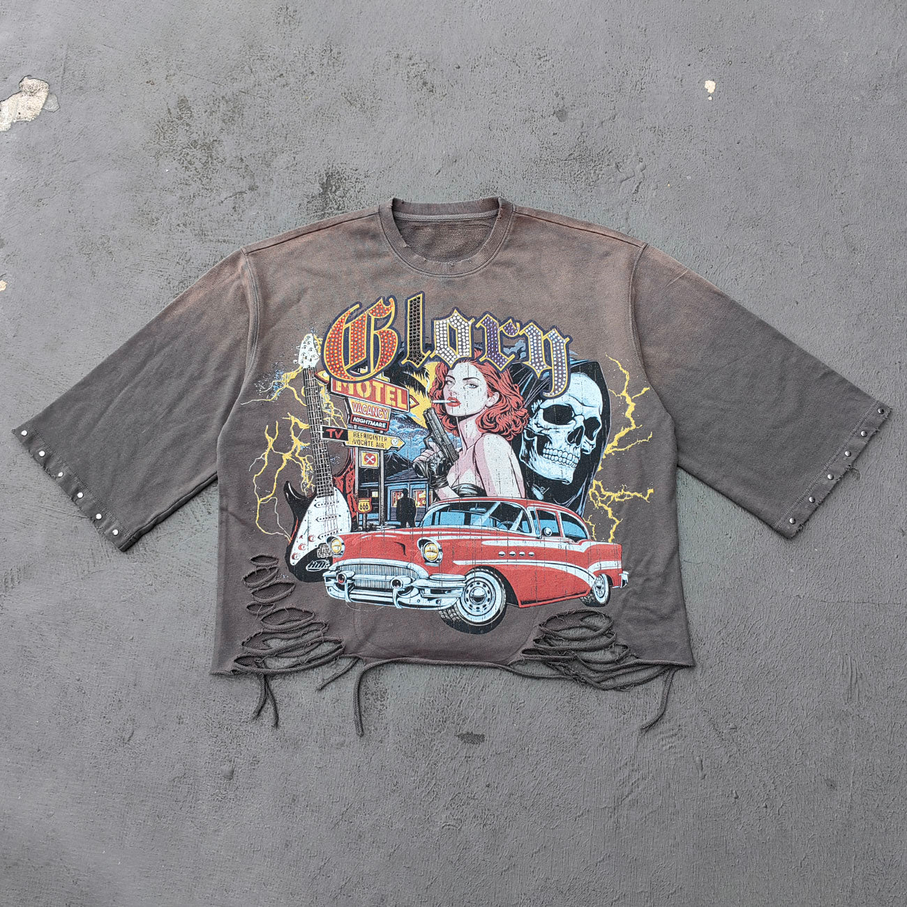 Glory Rhinestone Graphic Tee - Gray Brown Vintage Wash Pin Up Skull Print Studded Ripped Y2K Streetwear