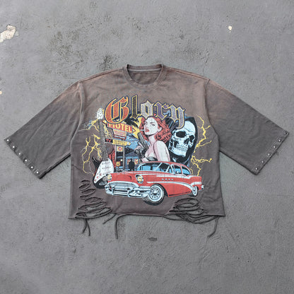 Glory Rhinestone Graphic Tee - Gray Brown Vintage Wash Pin Up Skull Print Studded Ripped Y2K Streetwear