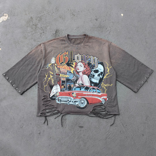 Glory Rhinestone Graphic Tee - Gray Brown Vintage Wash Pin Up Skull Print Studded Ripped Y2K Streetwear