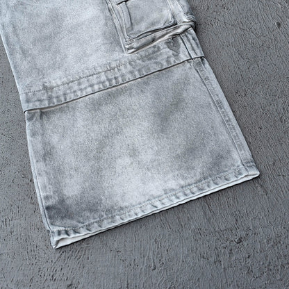 Wide Leg Cargo Jeans - Smoke Gray Acid Wash Multi Pocket Zipper Slash Distressed Y2K Streetwear