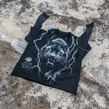 White Tiger Print Hoodie - Lightning Distressed Fake Two-Piece Streetwear