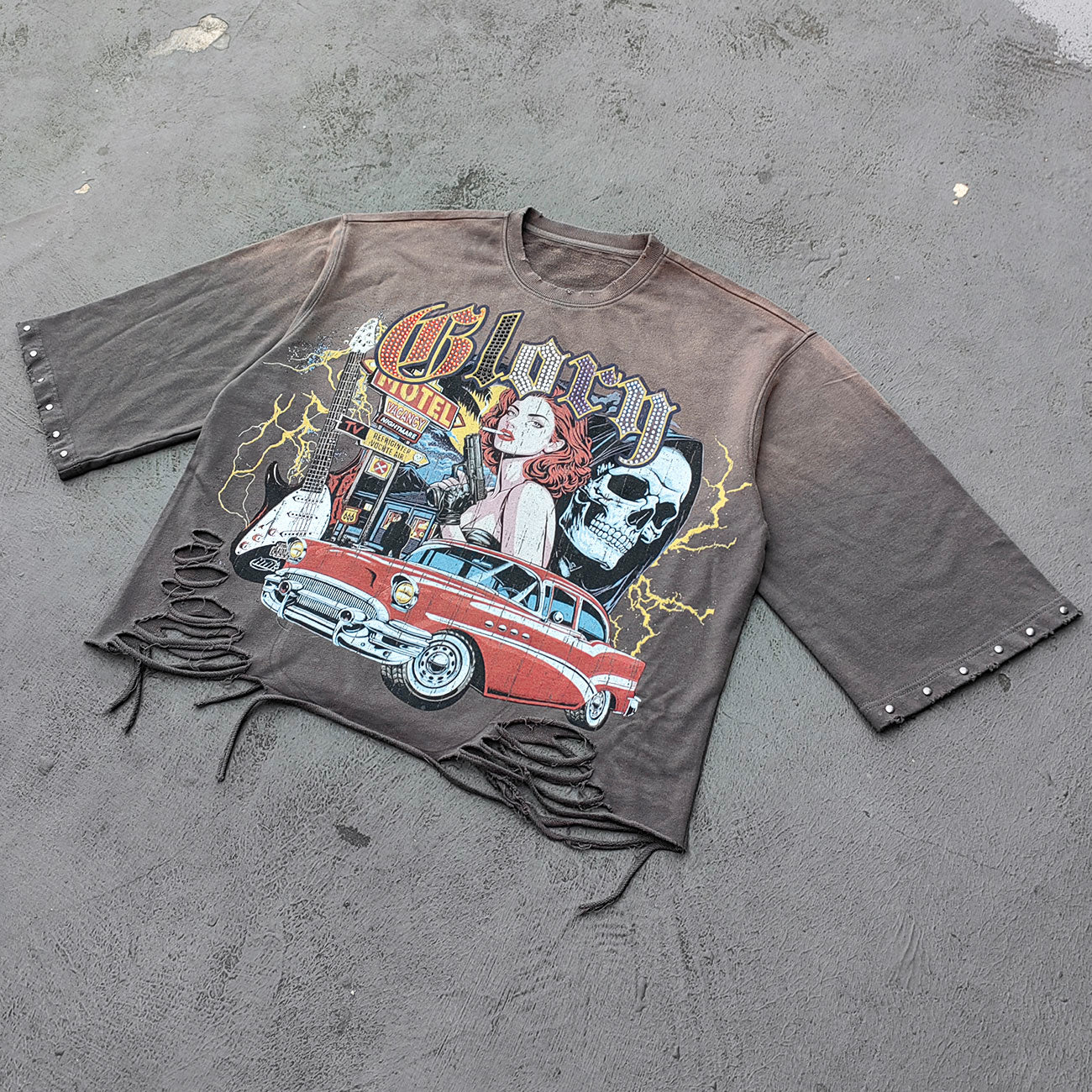 Glory Rhinestone Graphic Tee - Gray Brown Vintage Wash Pin Up Skull Print Studded Ripped Y2K Streetwear