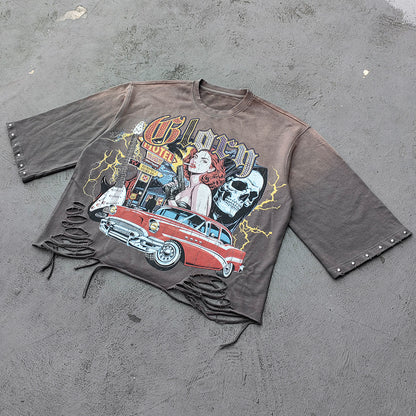 Glory Rhinestone Graphic Tee - Gray Brown Vintage Wash Pin Up Skull Print Studded Ripped Y2K Streetwear